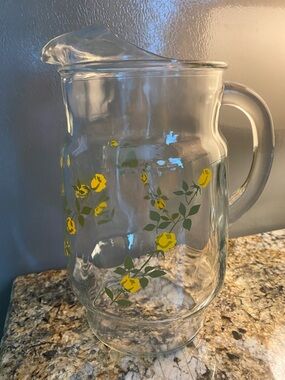 Vintage Anchor Hocking Glass Pitcher with Yellow Rose Floral Design